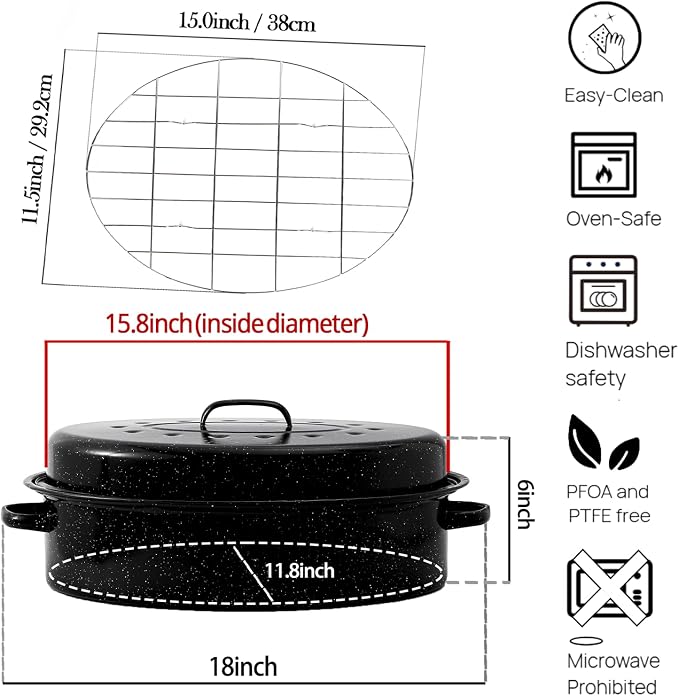 Oval Roasting Pan with Lid and Rack 18" Large Roaster Pan Set Comes With Lron - Image 2