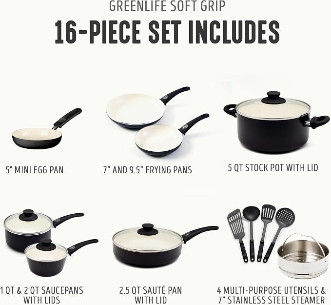 GreenLife 16 Piece Nonstick Cookware Set, Soft Grip Non-Toxic PFAS-Free Ceramic - Image 4