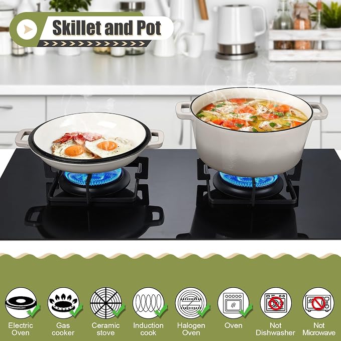 P&P CHEF 5Qt Dutch Oven Pot for Bread Baking, 2 In 1 Round Cast Iron Dutch Oven - Image 5