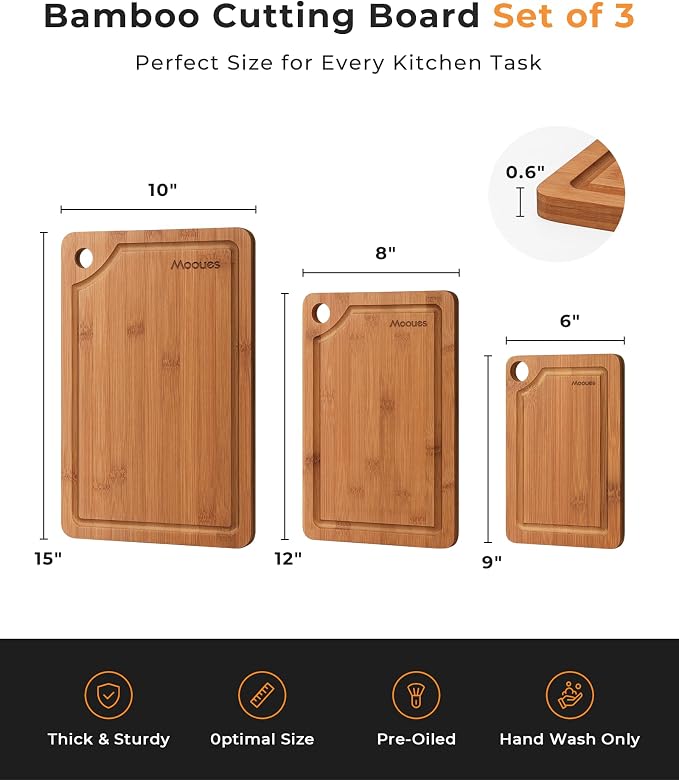 Bamboo Cutting Board for Kitchen, Knife-Friendly Wooden Cutting Boards Set - Image 6