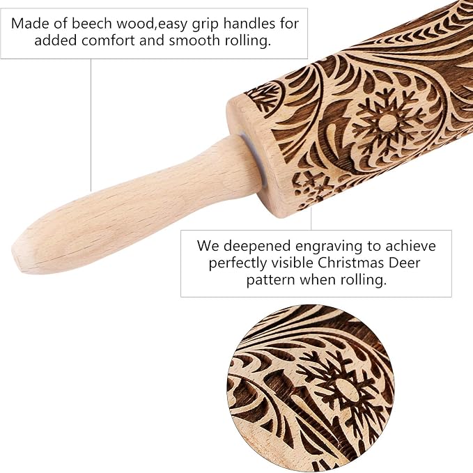 Embossed Wooden Rolling Pin for Baking, Evermarket Deep Engraved Embossing - Image 3