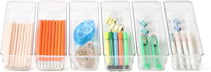 6 Set Clear Plastic Junk Drawer Organizer Vanity Curlery Utensil Makeups - Image 4