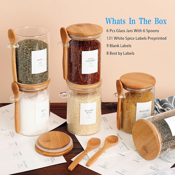 HHMJSM 6 Pcs Glass Jar with Bamboo Lid and Spoon - 17 oz Large Sugar Container - Image 2