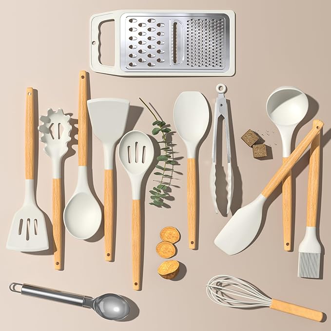 Umite Chef Silicone Kitchen Utensil Set, Cream White Wood Handles - Image 7