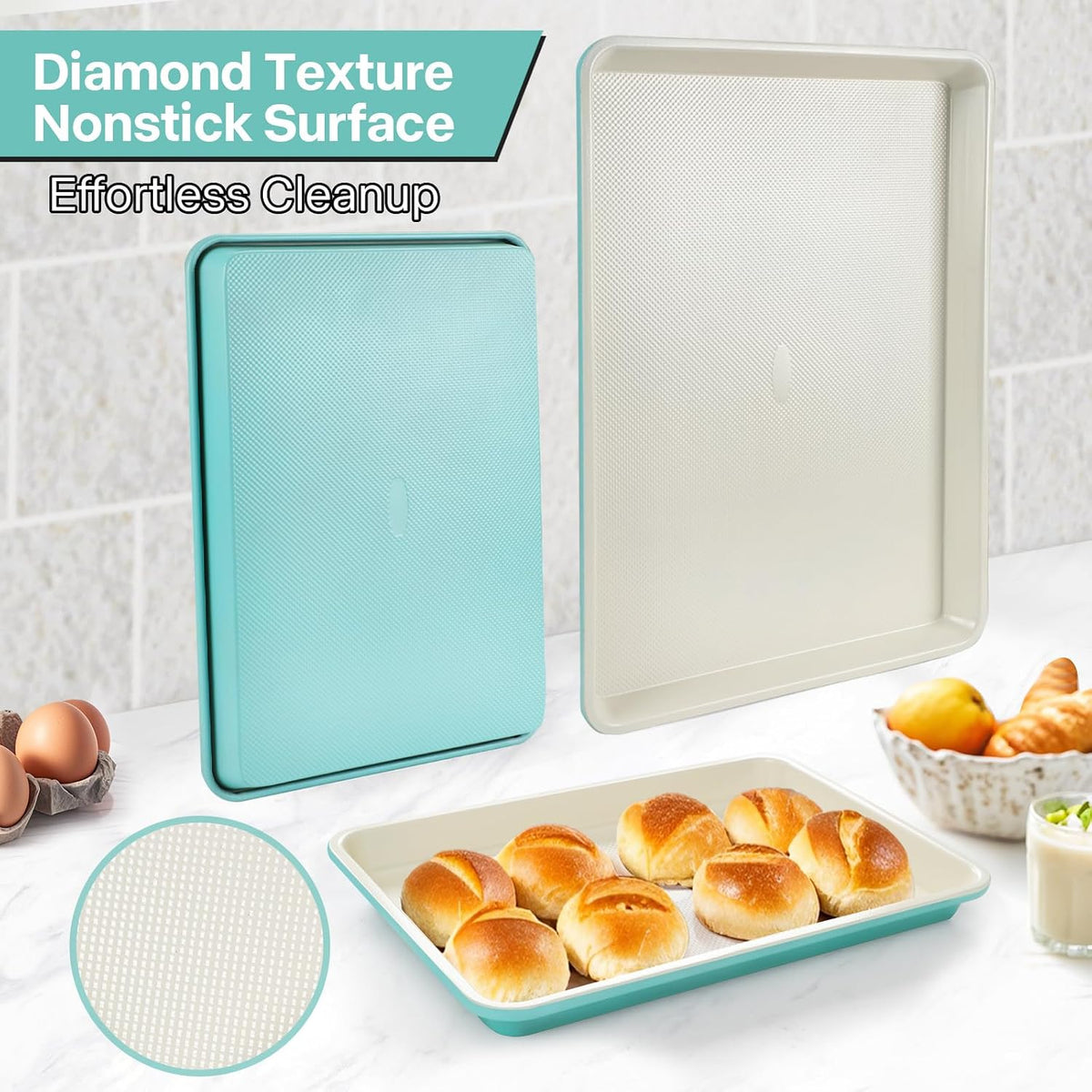 3-Pack Blue Ceramic-Coating Baking Sheet Pans, PFOA/PFOS/PTFE-Free