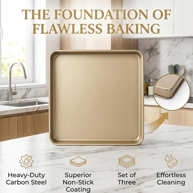 Dicunoy 3 Pack Baking Sheet Pans 11 Inches x 11 Inches, Nonstick Square Baking - Image 3