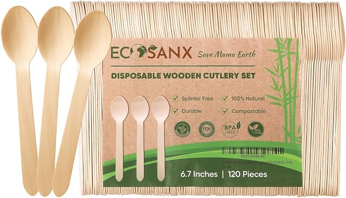 ECOSANX® 120 PCs Wooden spoons for eating, 6.5" Splinter Free small disposable by ECOSANX