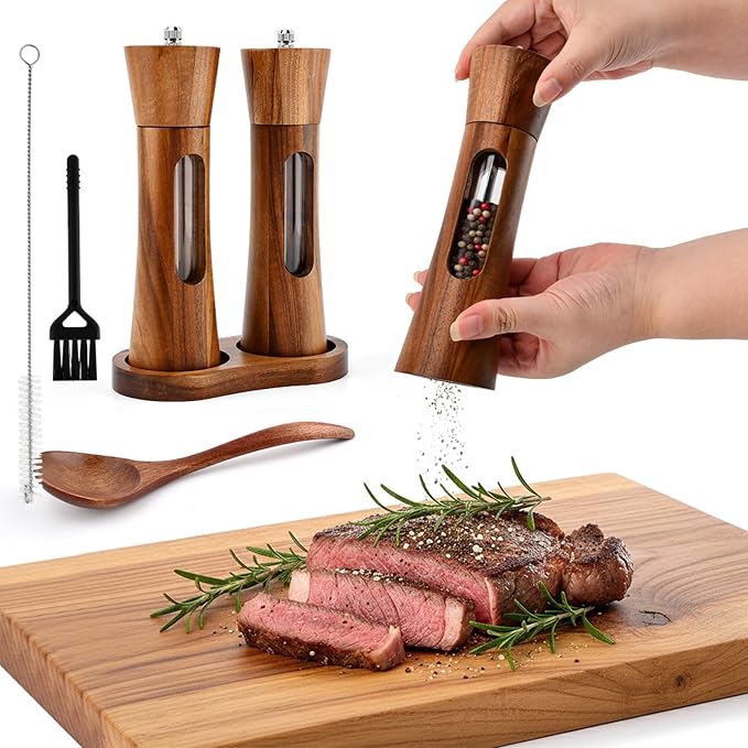 2Pack Wooden Salt and Pepper Grinder Set, 8-Inch Refillable Manual Salt and - Image 2