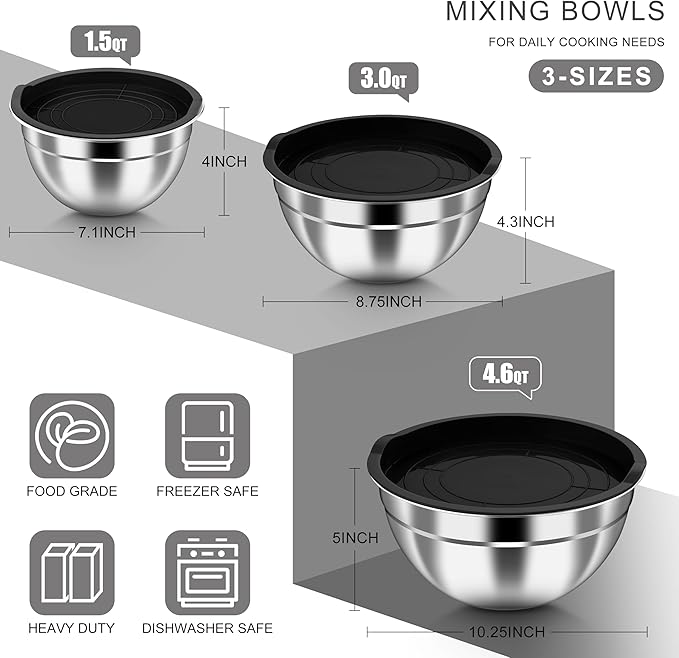 HaWare Mixing Bowls with Airtight Lids, 6-Piece Stainless Steel Salad Bowls - Image 2