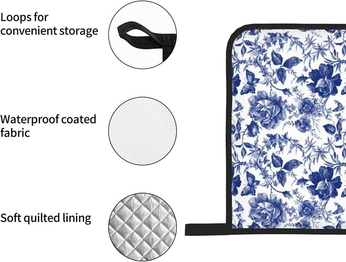 Blue and White Porcelain Floral Butterfly Oven Mitts and Pot Holders Set of 4 - Image 5