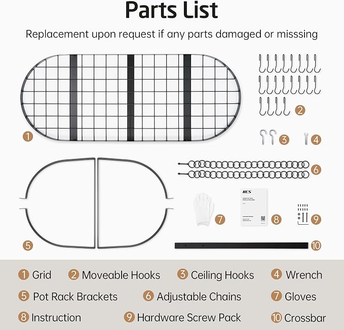 KES 48 Inch Large Hanging Pot Rack, Heavy Duty Oval Pot and Pan Hanging Rack - Image 9