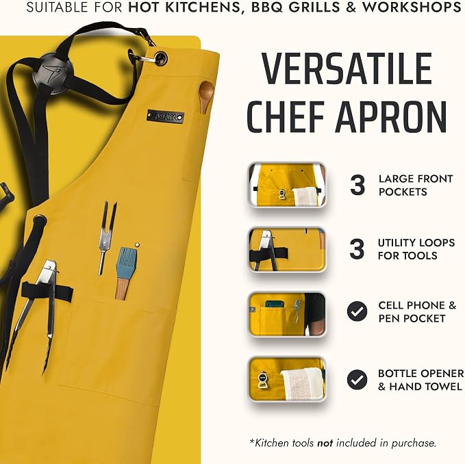 Asaya Chef and BBQ Apron with Bottle Opener and Hand Towel - 10oz Cotton Canvas - Image 2