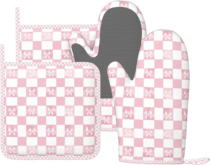 Oven Mitts and Pot Holders Pink Check Bow Pattern Silicone Kitchen Accessories by DADABULIU