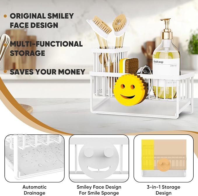 Sponge Holder for Kitchen Sink, Smiley Face Sink Caddy - Image 3