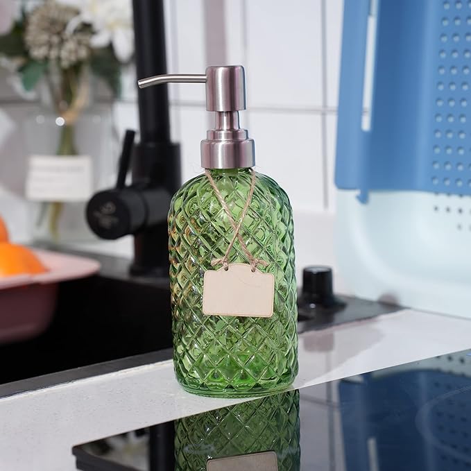 16 oz Diamond Pattern Glass Soap Dispenser, Kitchen and Bathroom Refillable - Image 2