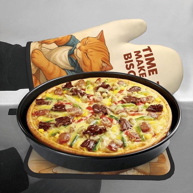 Cute Cat Oven Mitts and Pot Holder Set, Funny Heat Resistant Kitchen Gloves Hot - Image 4