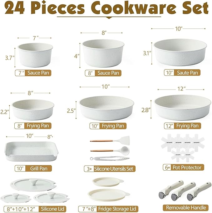 SENSARTE 24 Piece Pots and Pans Set, Nonstick Detachable Handle Cookware - Image 2