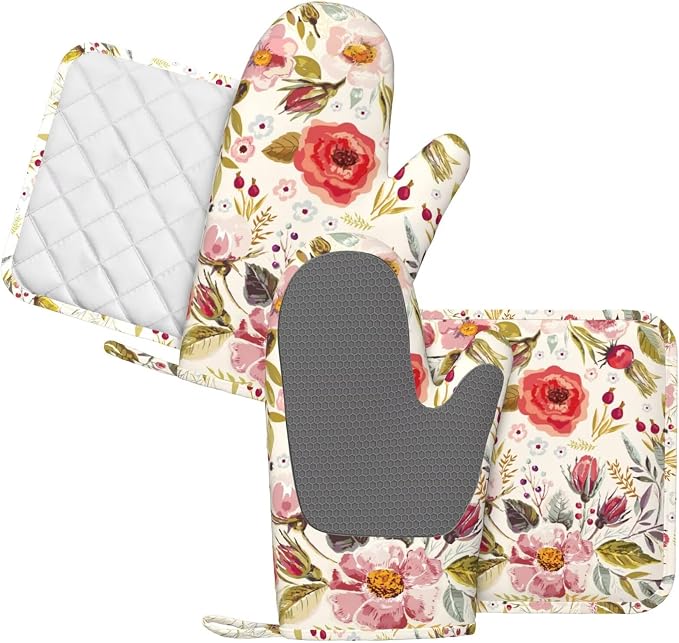Wildflowers Floral Oven Mitts Pot Holders Set Silicone Heat Resistant Botanical - Image 2