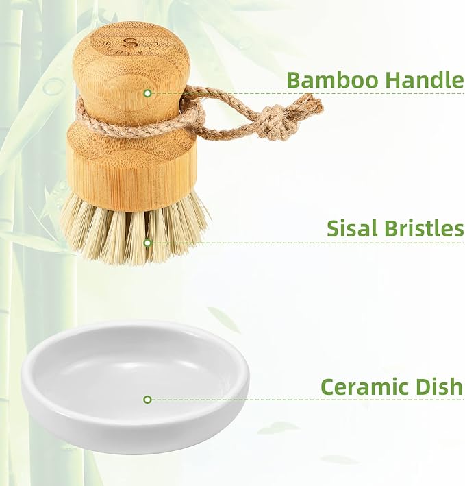 SUBEKYU Bamboo Dish Scrub Brushes, Kitchen Wooden Cleaning Scrubbers Set - Image 5