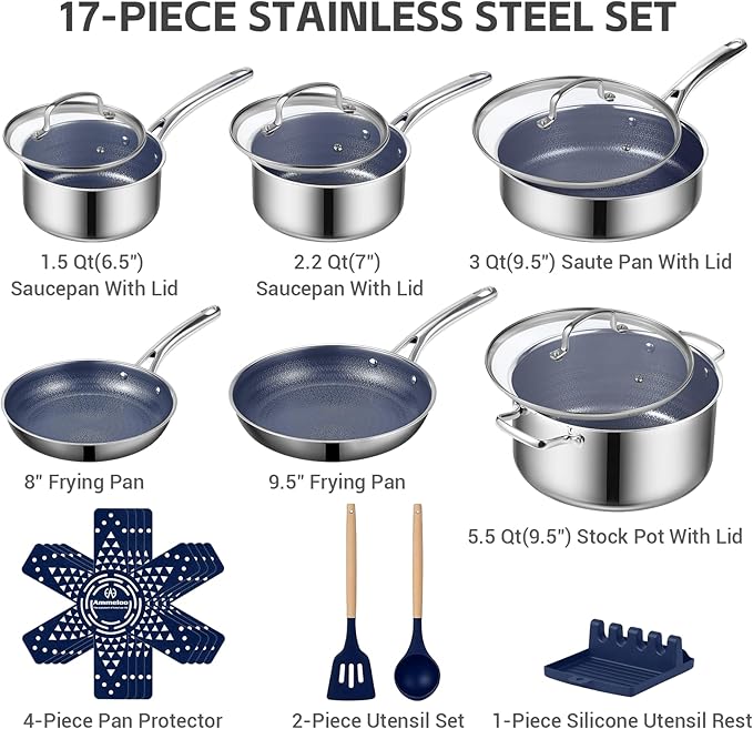 Ammeloo Hybrid Stainless Steel Cookware Set, 17-Piece Tri-Ply Pots and Pans Set - Image 2