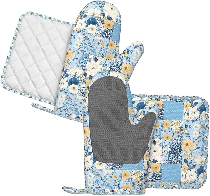 Oven Mitts and Pot Holders Floral Blue Pastel Vintage Silicone Kitchen - Image 2