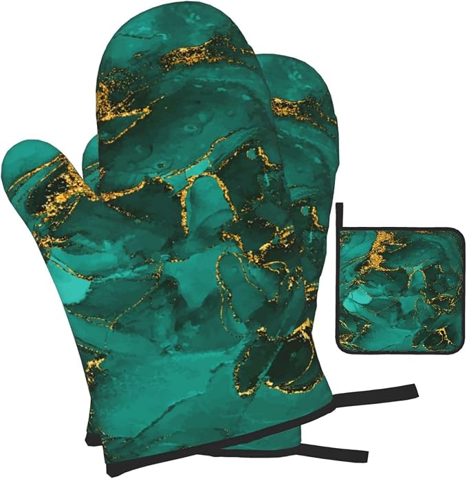 Turquoise Marble Oven Mitts and Pot Holders Sets of 3 Emerald Dark Green Hot - Image 2