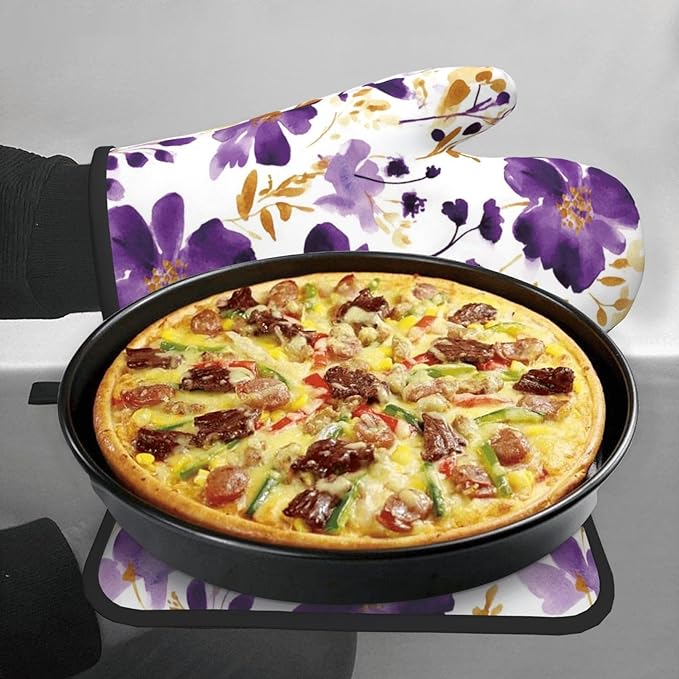 Spring Purple and Gold Floral Oven Mitts and Pot Holders Sets of 3, Non-Slip - Image 4