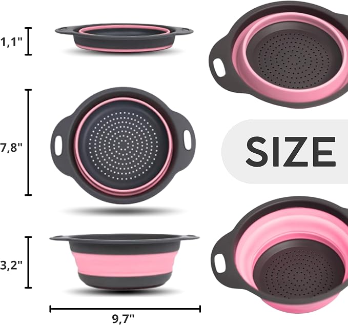 Pink Round Silicone Colander Collapsible – Foldable Kitchen Strainer Small - Image 2