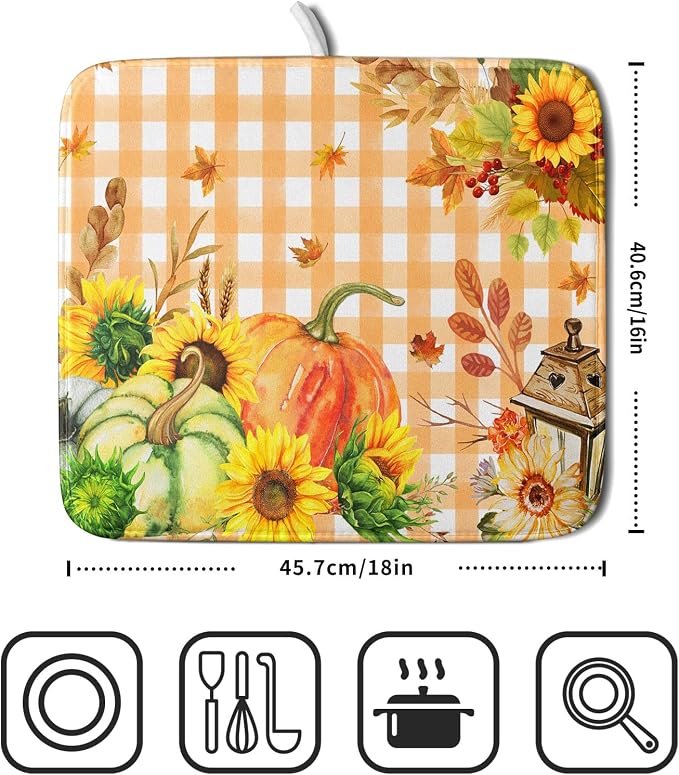 Autumn Maple Leaf Orange White Check Plaids Dish Drying Mat - Image 2