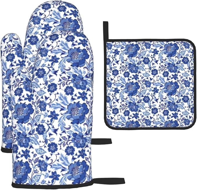 Navy Blue Floral Oven Mitts and Pot Holders Sets, Heat Resistant Oven Gloves by Unknown