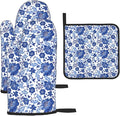 Navy Blue Floral Oven Mitts and Pot Holders Sets, Heat Resistant Oven Gloves by Unknown