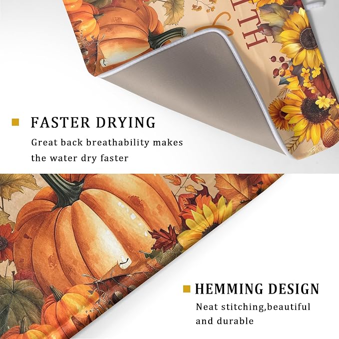 Fall Pumpkin Sunflower Dish Drying Mat 18”x24” Faith Family Fall Drying Mat - Image 3