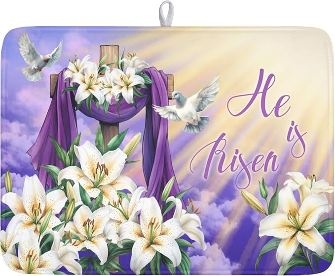 Easter Dish Drying Mat for Kitchen Counter He is Risen Cross Floral Purple by Unknown