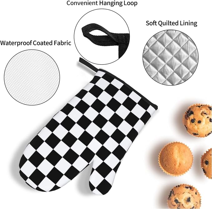 Checkered Black and White Plaid Oven Mitts and Pot Holders Set of 4, Heat - Image 6