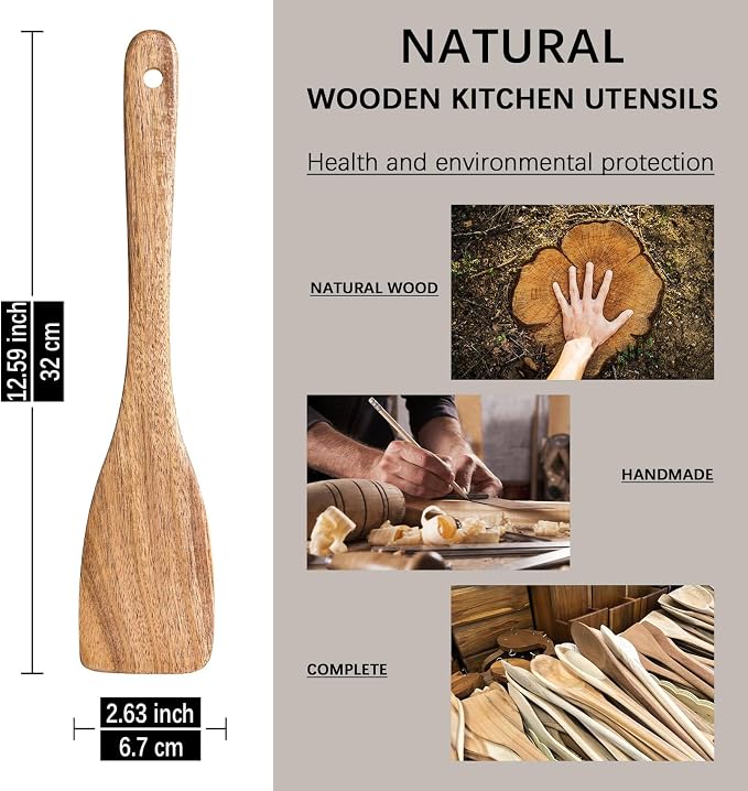 2pcs Wooden Spatulas for Cooking, 13inch Coated Acacia Wood Turners for Frying - Image 2