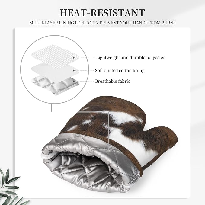 Cow Print Oven Mitts and Pot Holders Set of 4 Silicone Brown Cowhide Kitchen - Image 4