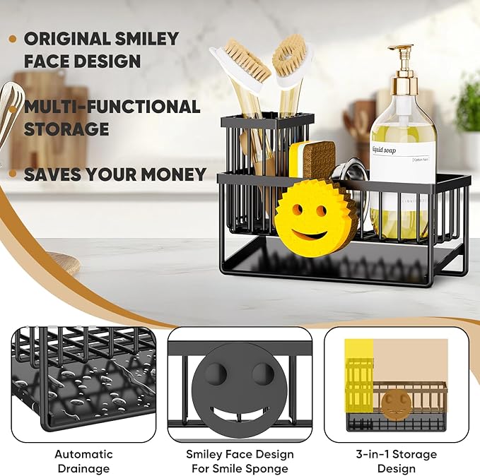 Sponge Holder for Kitchen Sink, Smiley Face Sink Caddy - Image 2