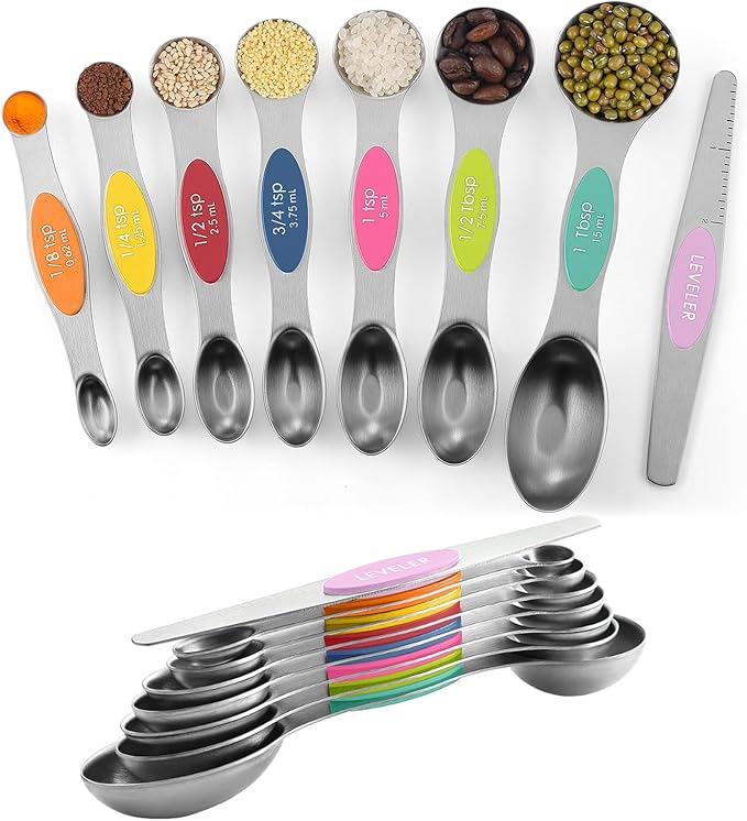 ChefAide Pack of 8 Stainless Steel Magnetic Measuring Spoons Set, Dual Sided by ChefAide