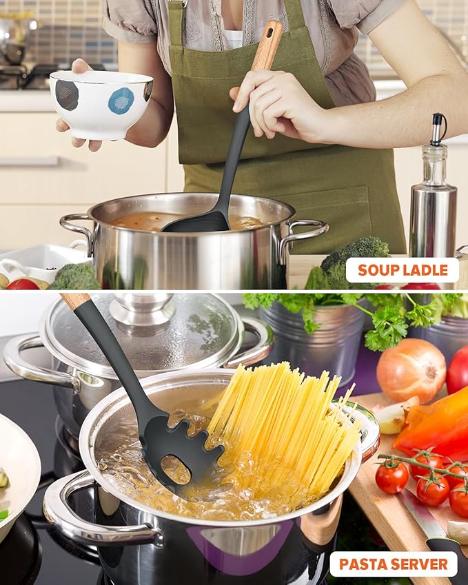 Pasta Fork and Ladle Set, and Sauce Pasta, BPA-Free Matte Silicone, Wood Handle - Image 3