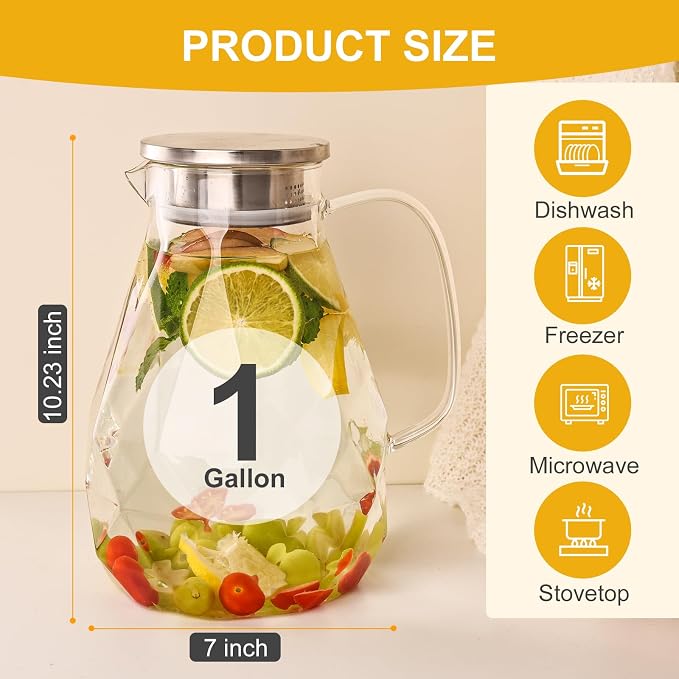 Glass Pitcher with Lid, 1 Gallon Glass Water Pitcher Hot/Cold Water Jug - Image 8