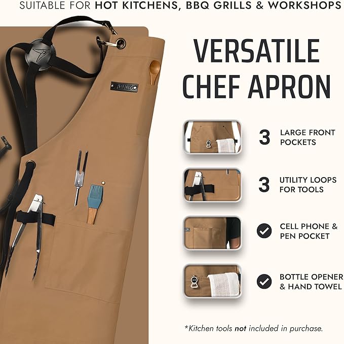 Asaya Chef and BBQ Apron with Bottle Opener and Hand Towel - 10oz Cotton Canvas - Image 2