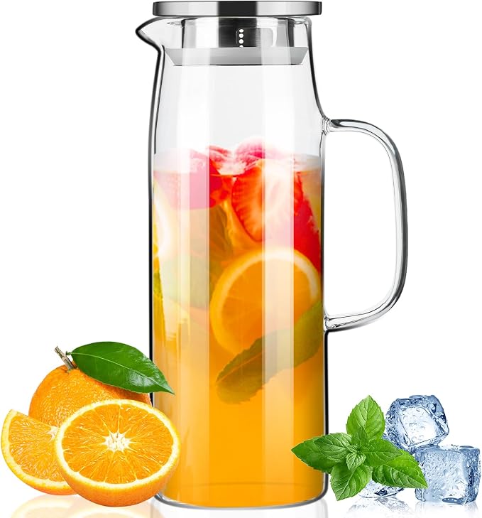 PARACITY Glass Pitcher with Lid and Spout 50oz/ 1.5L, Hot/Cold Water Pitcher by PARACITY