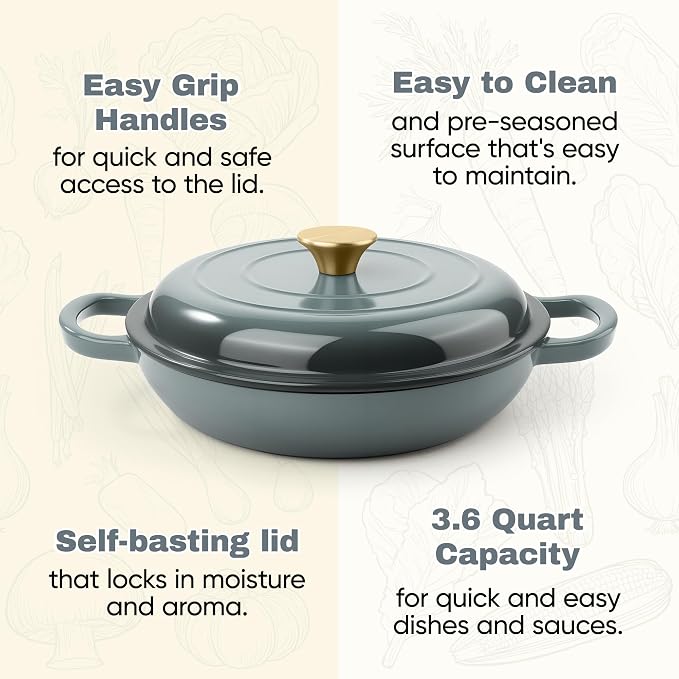 3 Quart Enameled Cast Iron Braiser, Non Stick Enameled Cast Iron Skillet - Image 7