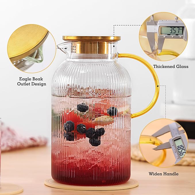 2 Pack Glass Pitchers with Lid and 2 Cups, 68oz/ 2 Liter Glass Water Pitcher - Image 3