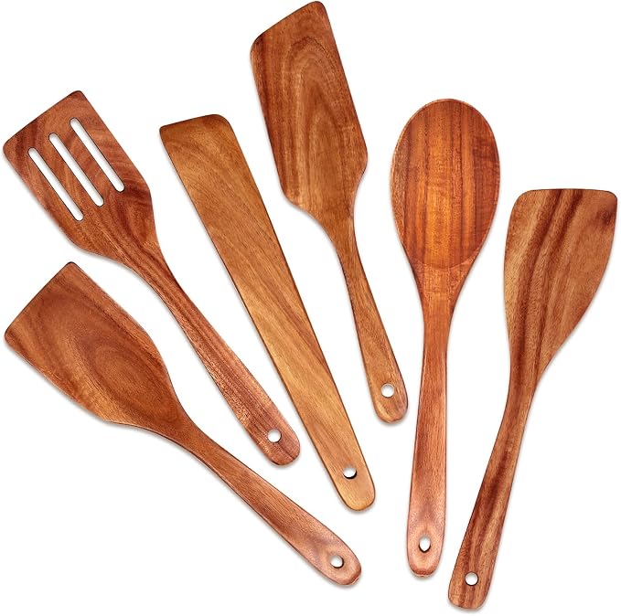 6 Pack Teak Wooden Spoons for Cooking Utensil Set Best Wood Non Toxic Spatula by Ayiaren