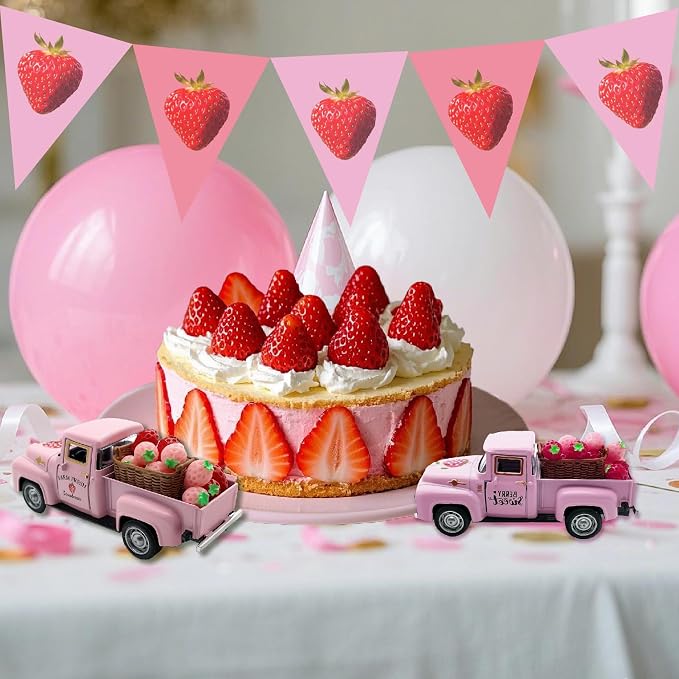 4.9″ Mini Vintage Strawberry Pink Metal Farm Truck Decor - Image 4