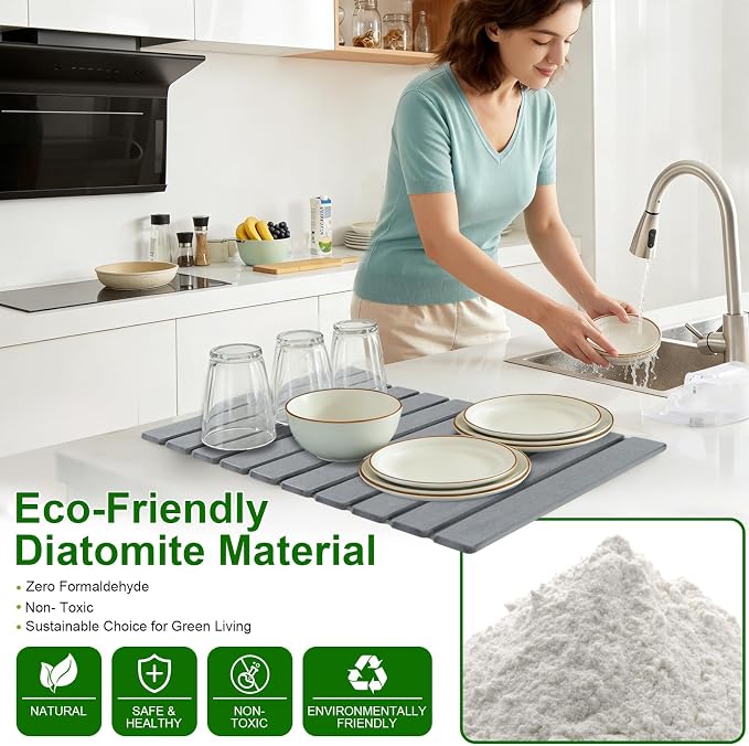 Large Stone Drying Mat for Kitchen Counter, Collapsible Stone Dish Drying Mats - Image 4