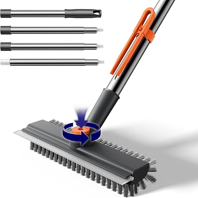 Small Floor Scrub Brush with Length Adjustable Long Handle, 3 in 1 Heavy-Duty by HelpX