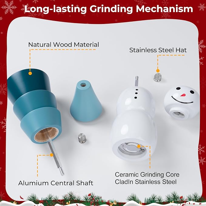 Christmas Salt and Pepper Grinder Set, Snowman & Tree Refillable Salt and - Image 7