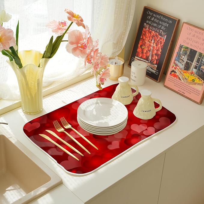 Red Valentines Dish Drying Mat 18x24 Inch Red Hearts Dish Drainer Protector Pad - Image 6